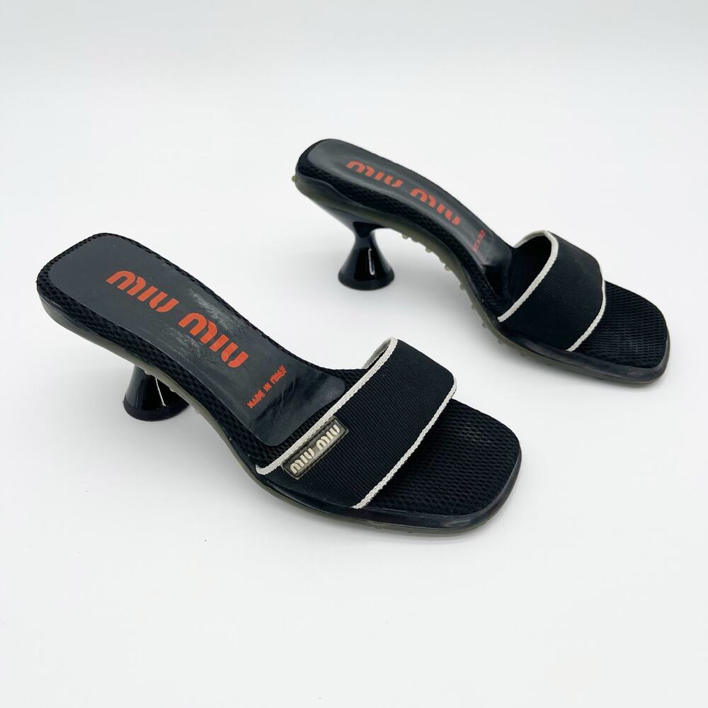 Miu Miu 90s y2k Black Mesh Logo Bubble Sole Kitten Heel Mules Slides IT 36.5 - Picture 2 of 12